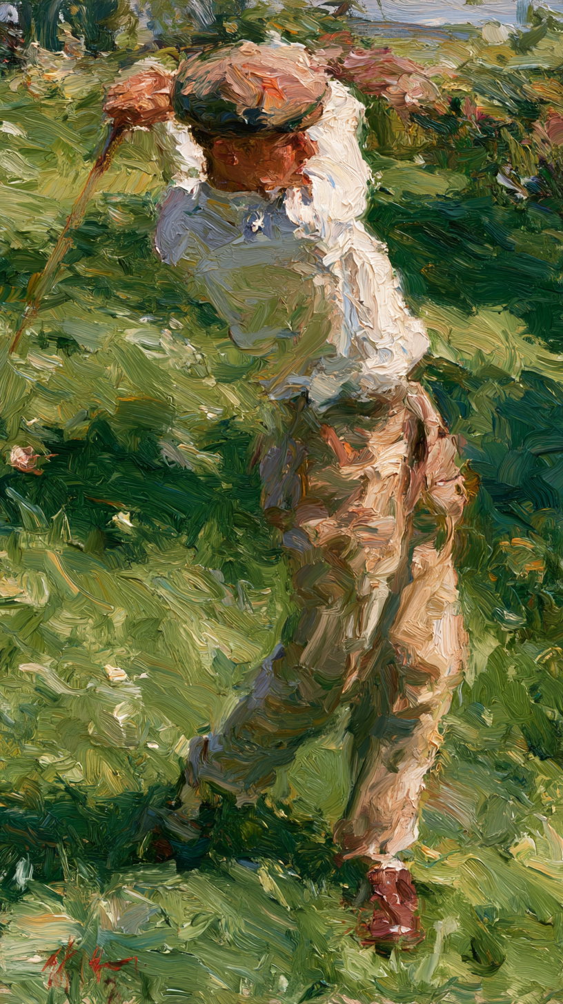 An impressionistic style oil painting depicting a male golfer mid-swing on a grassy course with rich, textured brushstrokes and a hat.