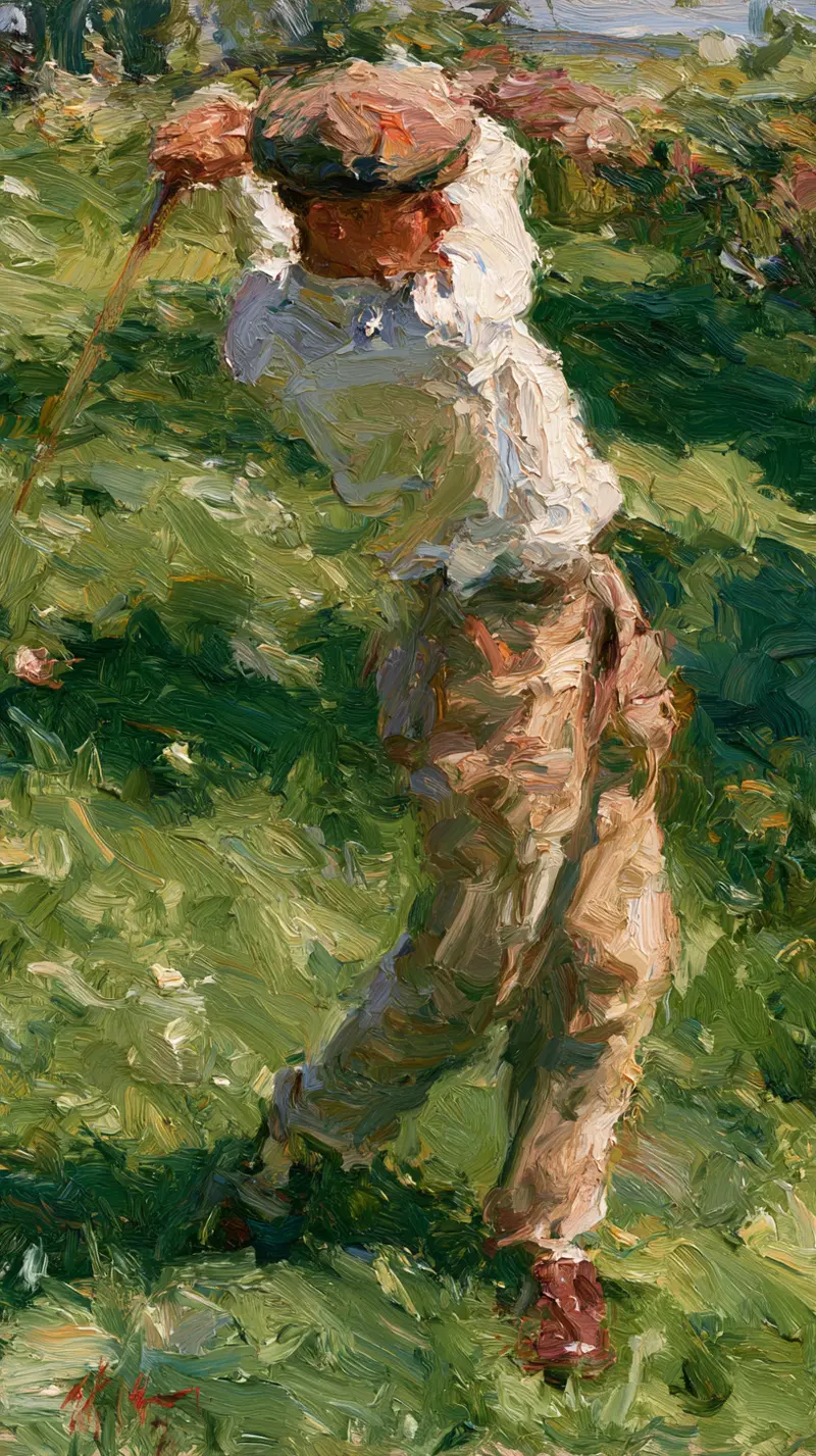 Impressionist Painting of a Golfer in Motion on a Green Landscape