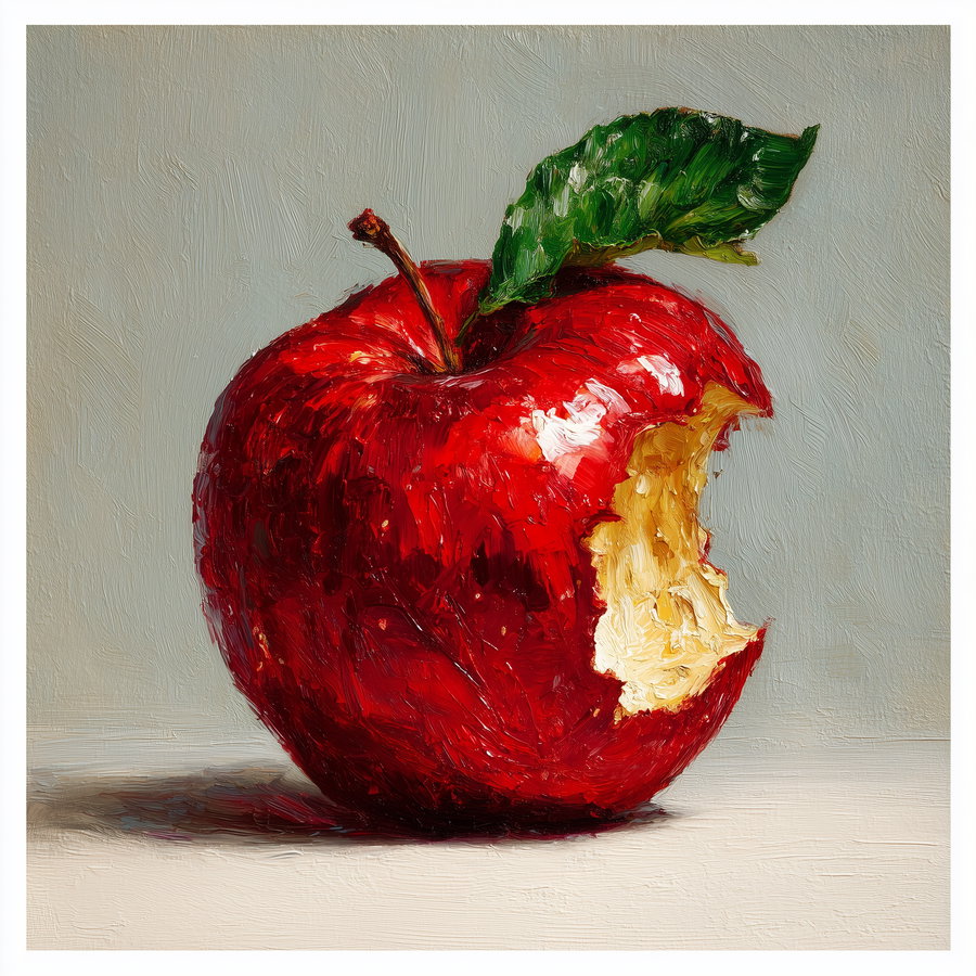Close-up view of a highly textured oil painting showing a shiny red apple with a bite taken out and a green leaf on a pale neutral background