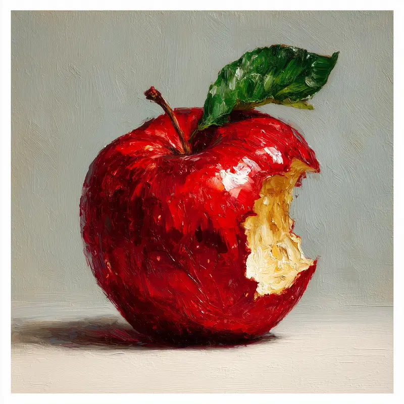Detailed oil painting of a bitten red apple with a green leaf on a neutral background