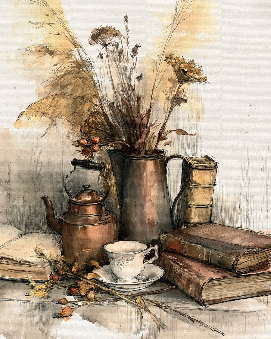 A watercolor and ink painting showing a still life scene with vintage books stacked on a table, a copper teapot, a porcelain cup and saucer, and a large metal pitcher filled with dried flowers and grasses.