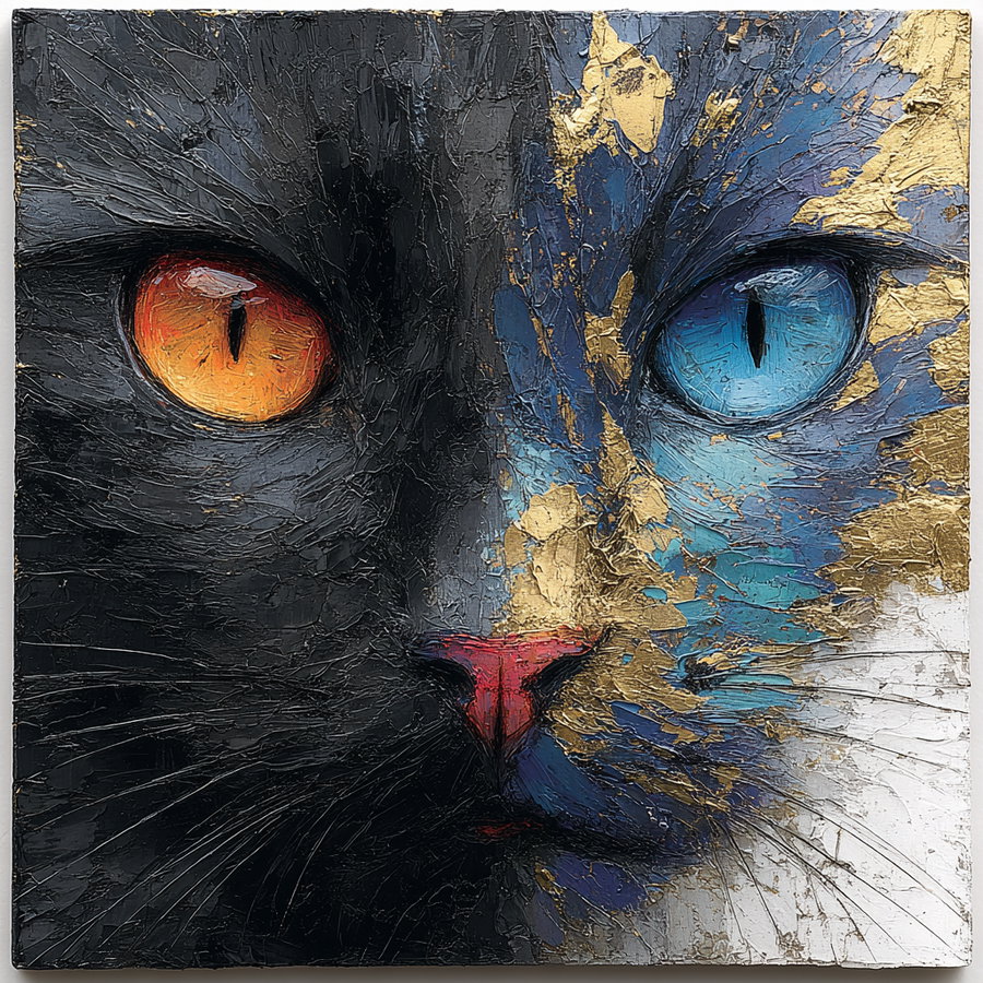 Close-up textured painting of a cat's face with one blue eye and one orange eye, detailed with a rough, gold and blue painted surface.