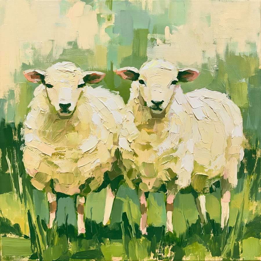 Painting of two white sheep standing side by side in grass with abstract green and beige background