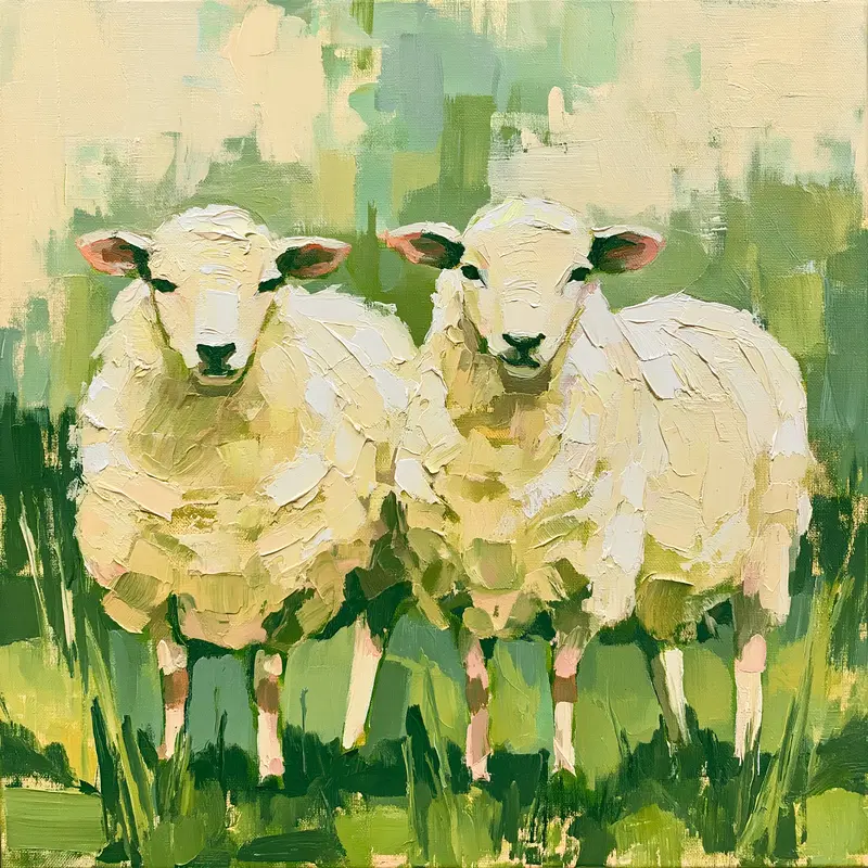 Impressionistic painting of two sheep standing in green grass with soft earthy tones