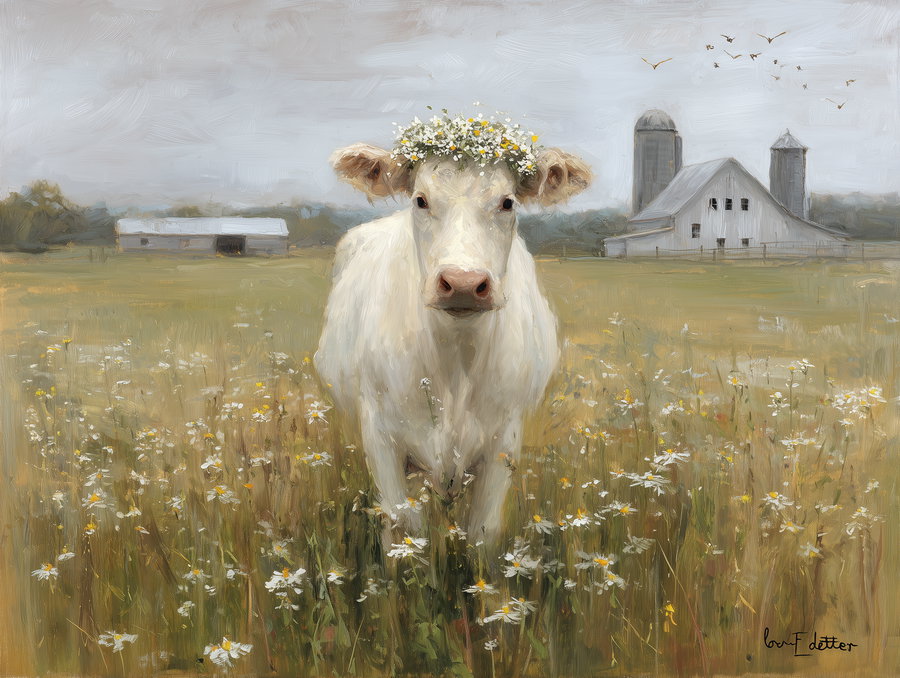 A painted image of a white cow wearing a crown of flowers standing in a field of daisies with a farmhouse and silos in the background and birds flying in the sky