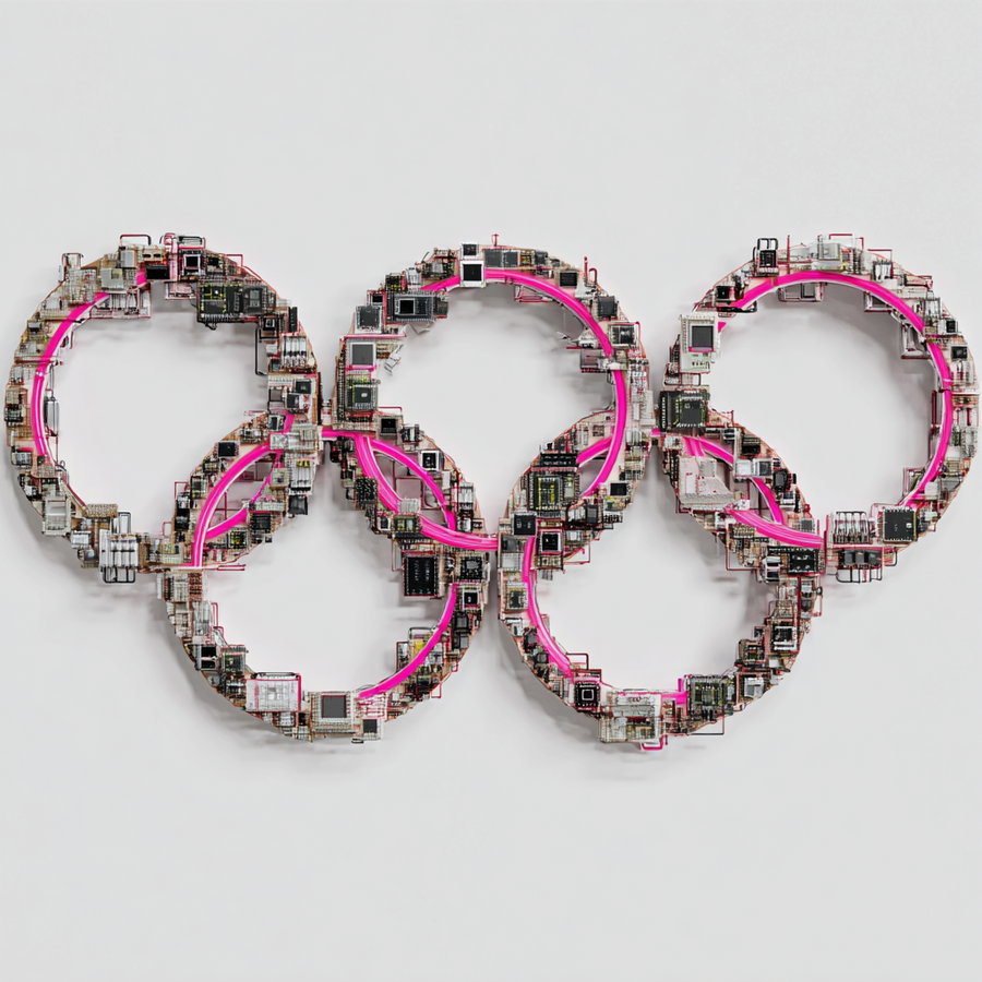 Five large interconnected circular rings with embedded electronic circuit components and pink wiring on a light background