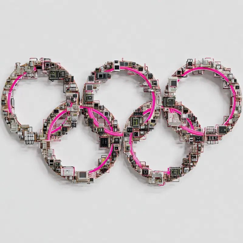 Contemporary modern art installation of interconnected rings with circuitry details