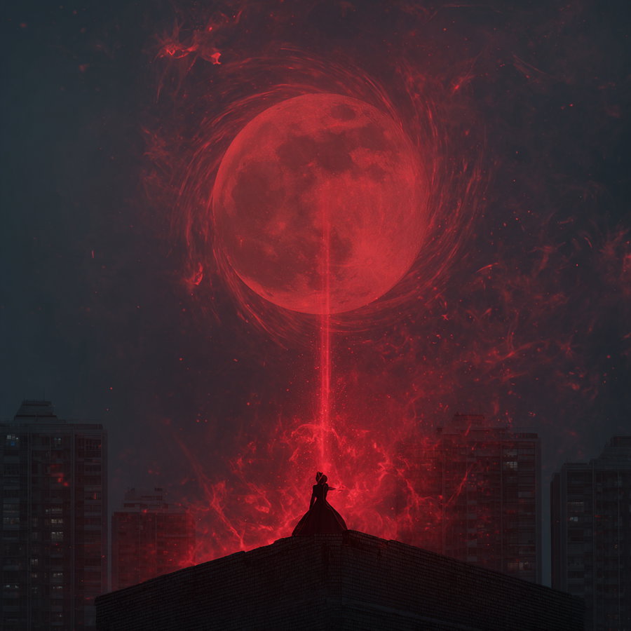 A dark night cityscape with tall buildings and a silhouetted person in a dress standing on a rooftop. Above them is a large glowing red full moon emitting swirling red energy and a beam of red light directed downward towards the person.