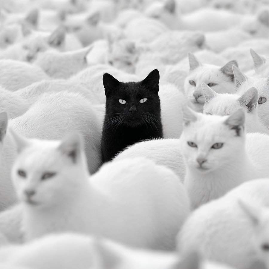 A single black cat surrounded by numerous white cats, all facing forward with a shallow depth of field focusing on the black cat