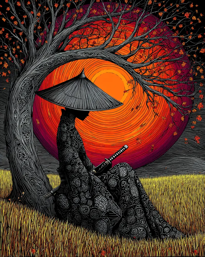Moody silhouette of samurai resting under a twisted tree with a fiery sunset