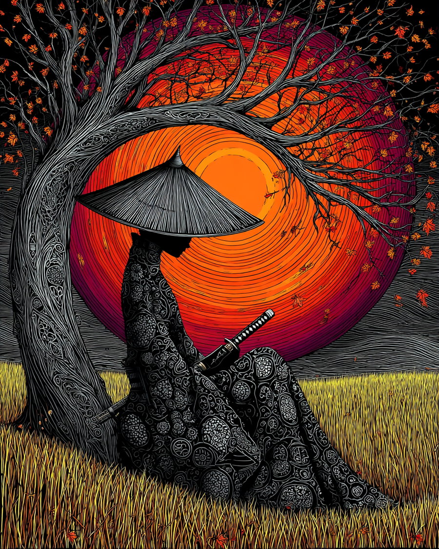 Silhouette of a samurai wearing a patterned robe and conical hat sitting under a twisted tree with falling leaves, in front of a large, vibrant orange and red sunset