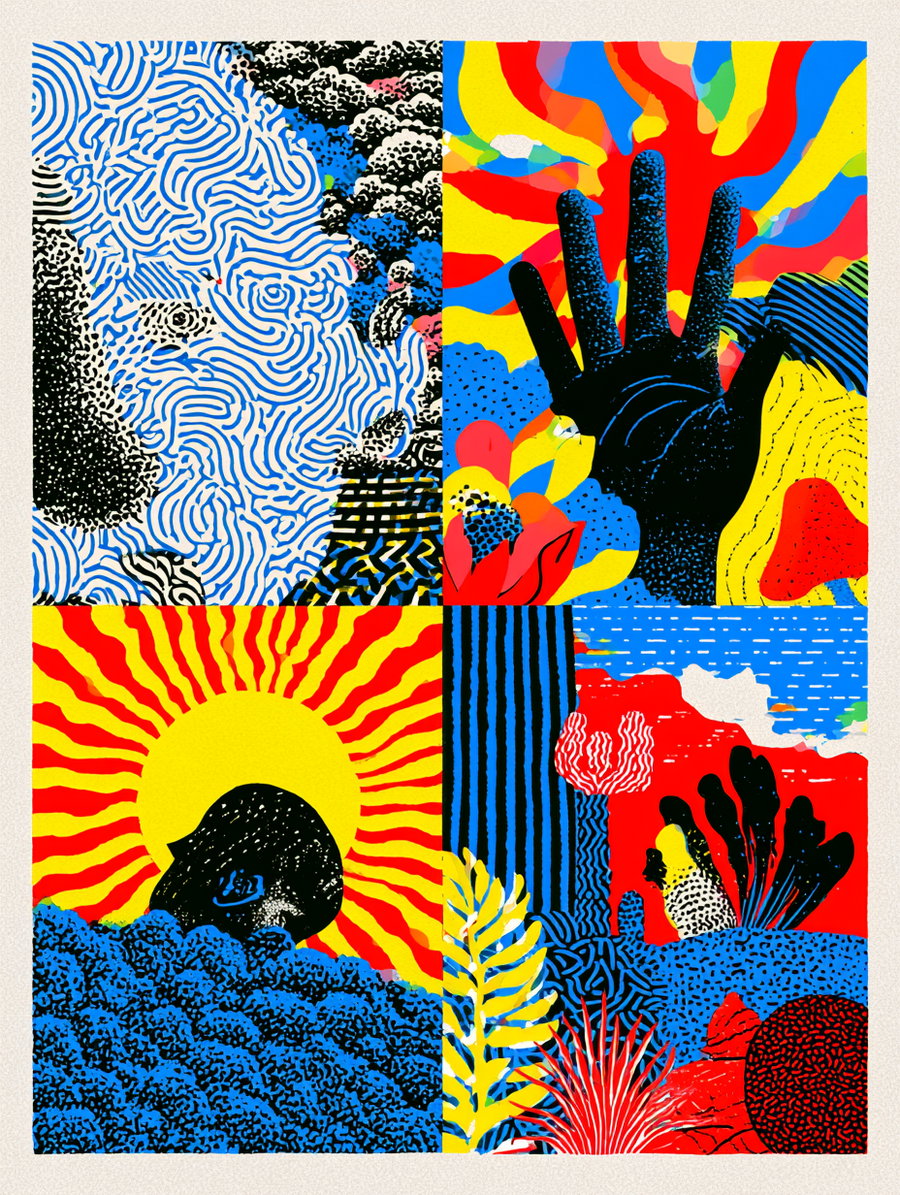 A four-panel abstract art piece with bright colors including blue, red, yellow, and black, showing textured patterns, a black hand silhouette, sunburst shapes, and organic forms resembling plants and coral.