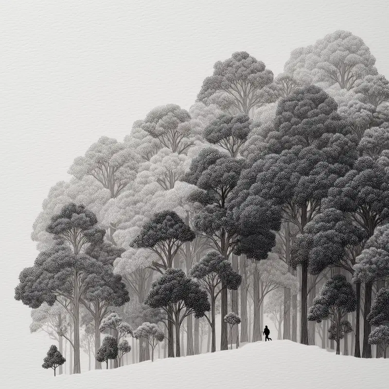 Monochrome detailed drawing of a forest with a person walking a dog