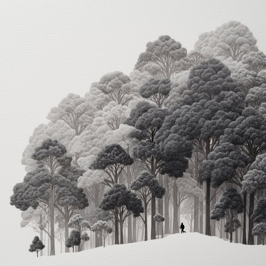 Black and white intricate illustration of numerous trees with textured leaves and a silhouette of a person walking a dog on a hill in a forest