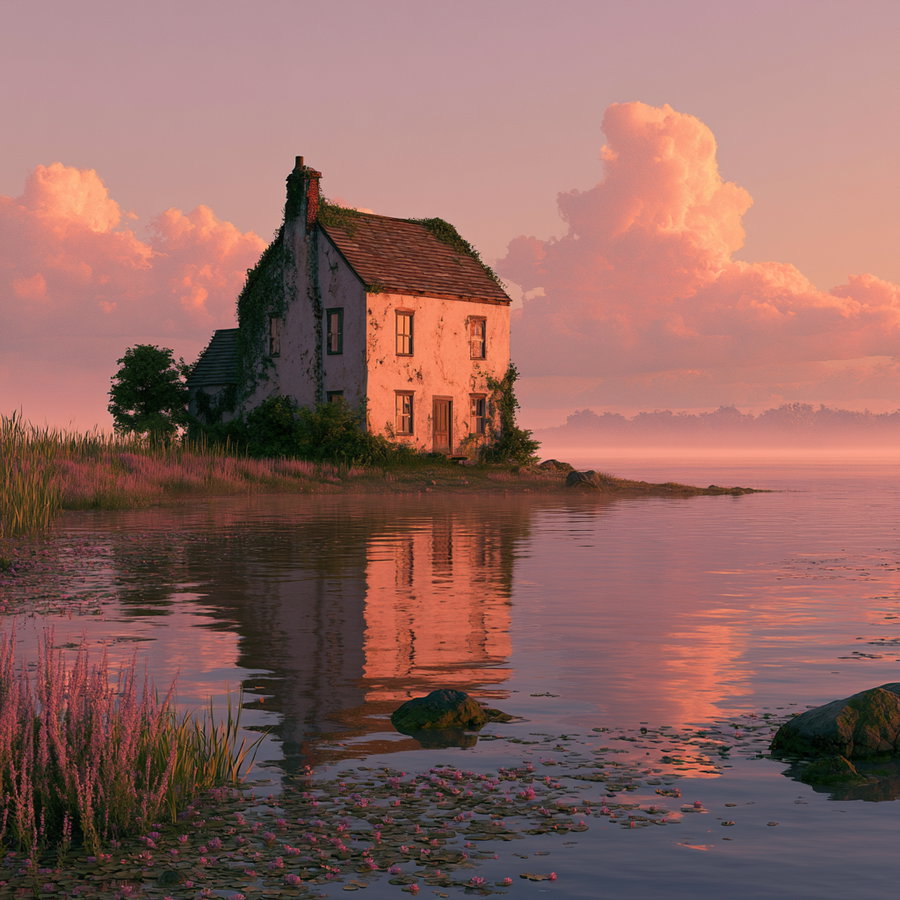 Old rustic house near the edge of a calm lake with reflections of the house and pink clouds in the water, surrounded by lily pads and grass