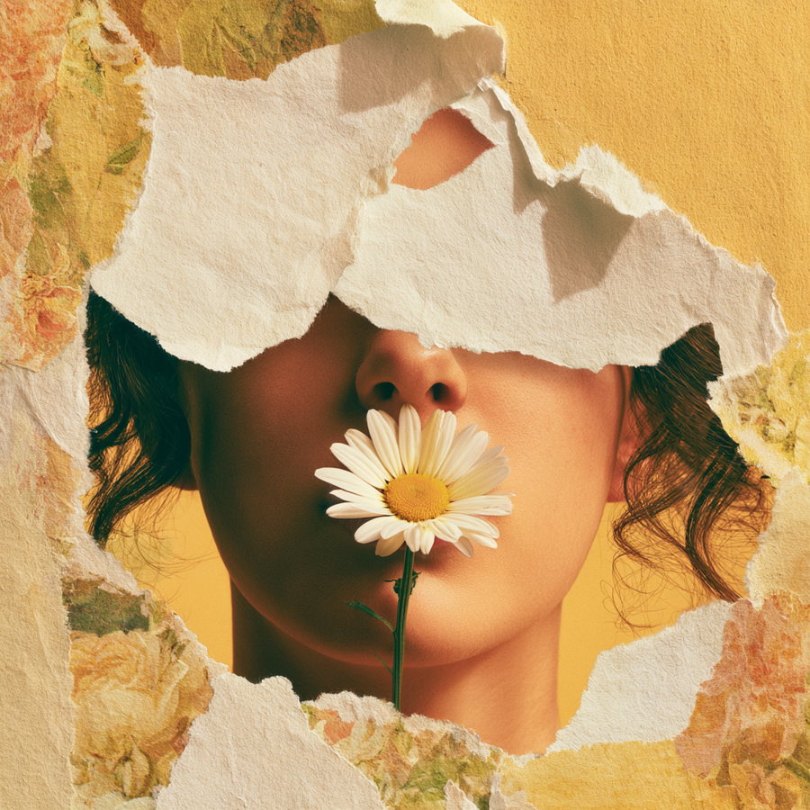 Close-up portrait of a person's lower face partially covered by torn paper and holding a daisy flower in front of their mouth, with a floral and yellow textured background