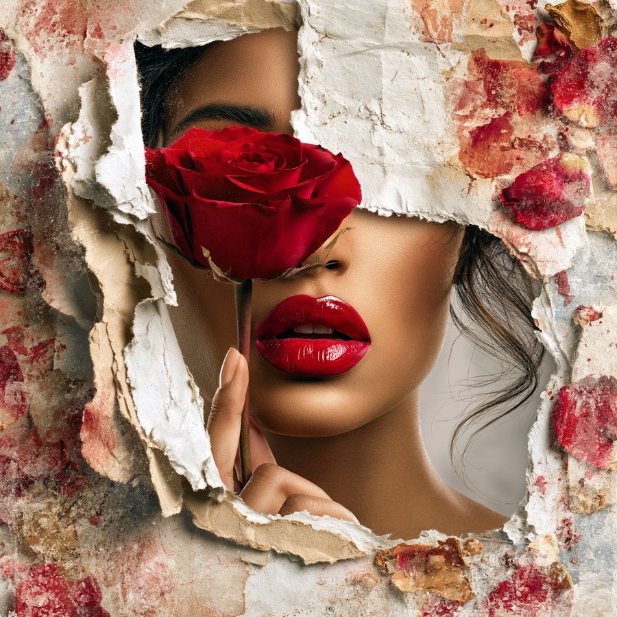 Close-up of a woman's face with glossy red lips and dark hair, peeking through torn paper with rose petals, holding a large red rose over one eye