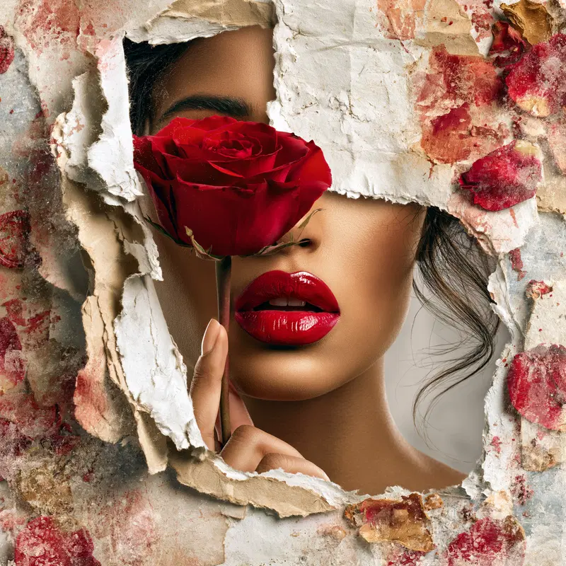 Artistic romantic portrait of a woman with red lipstick holding a rose