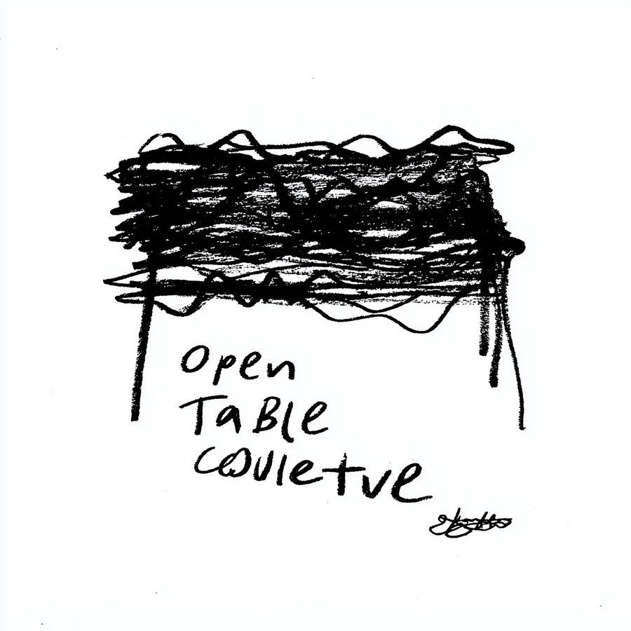 Abstract ink drawing consisting of thick horizontal black strokes and wavy lines with handwritten text reading open table collective on white background