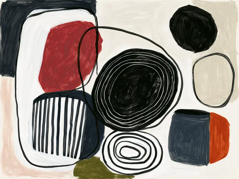 Abstract organic shapes in neutral and warm tones with line details