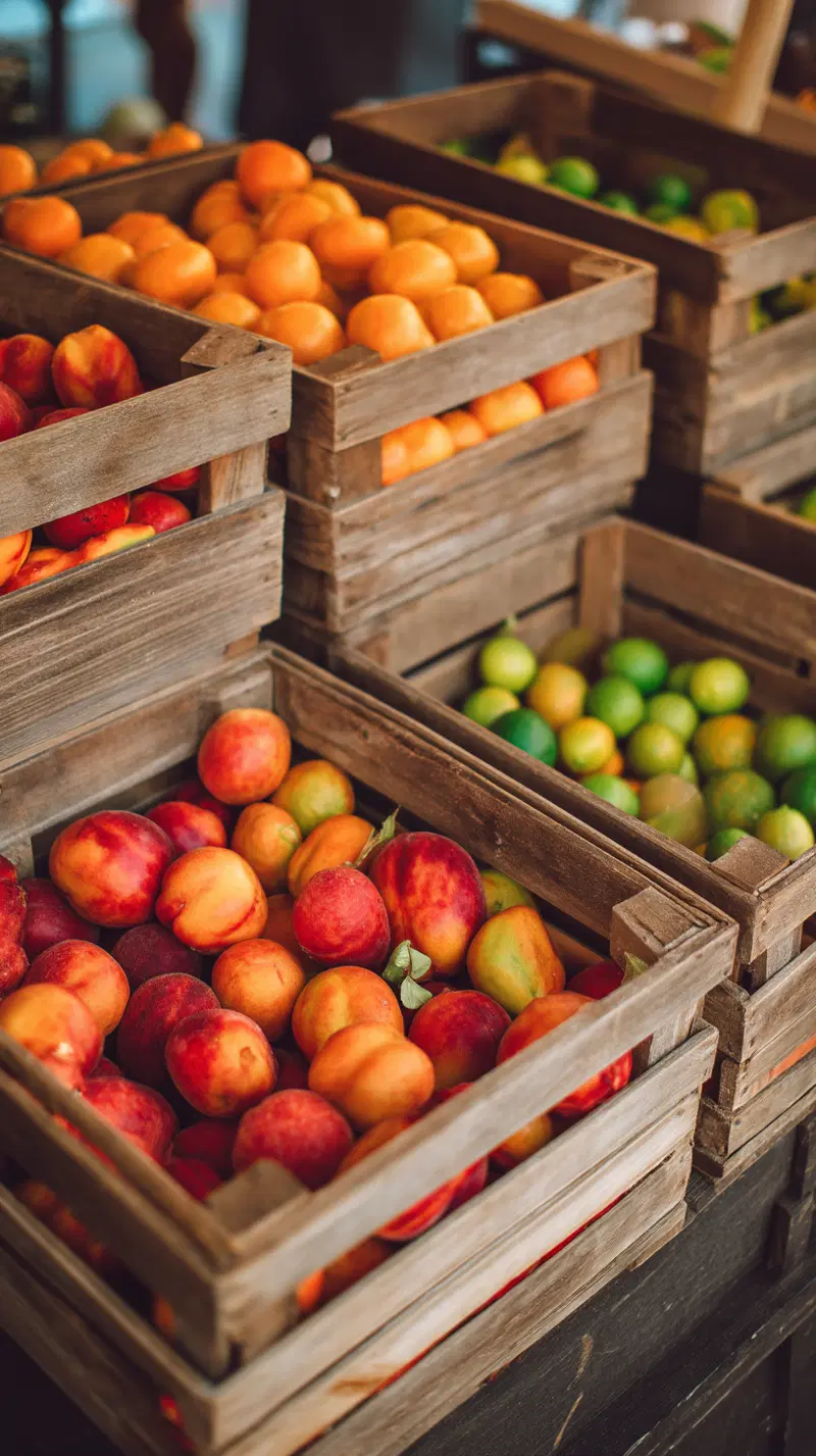 Vibrant and fresh still life composition of fruit in wooden crates