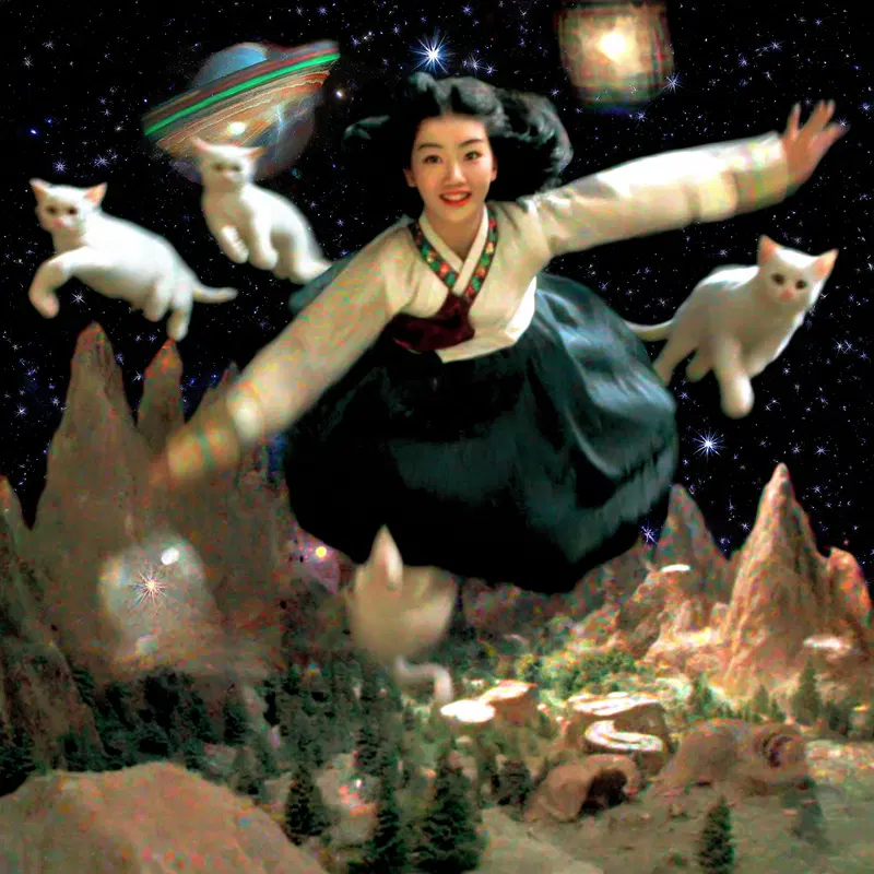 Whimsical dreamy scene of a woman and cats floating in cosmic space