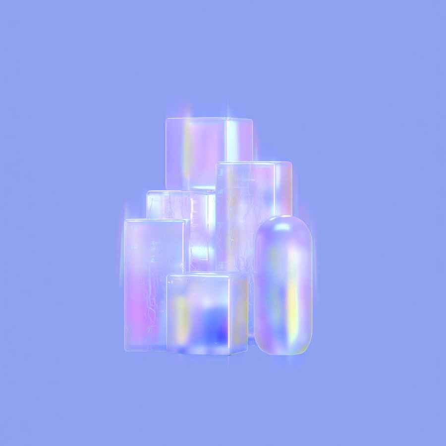 a cluster of iridescent translucent geometric shapes including cubes and a rounded pill shape glowing softly against a solid light blue background