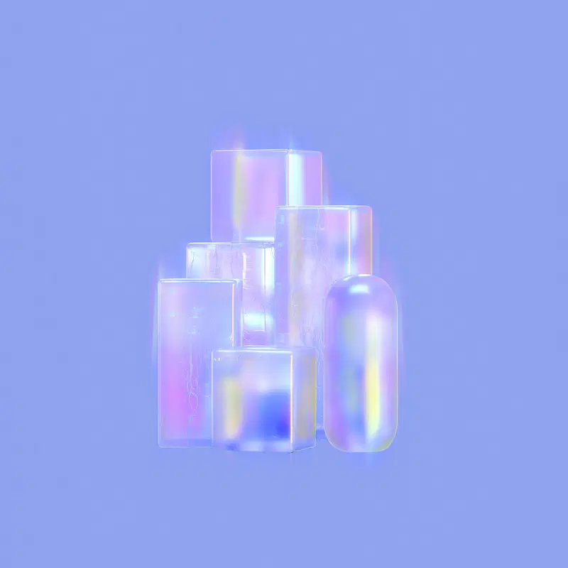 Abstract art featuring iridescent translucent geometric shapes on a blue background