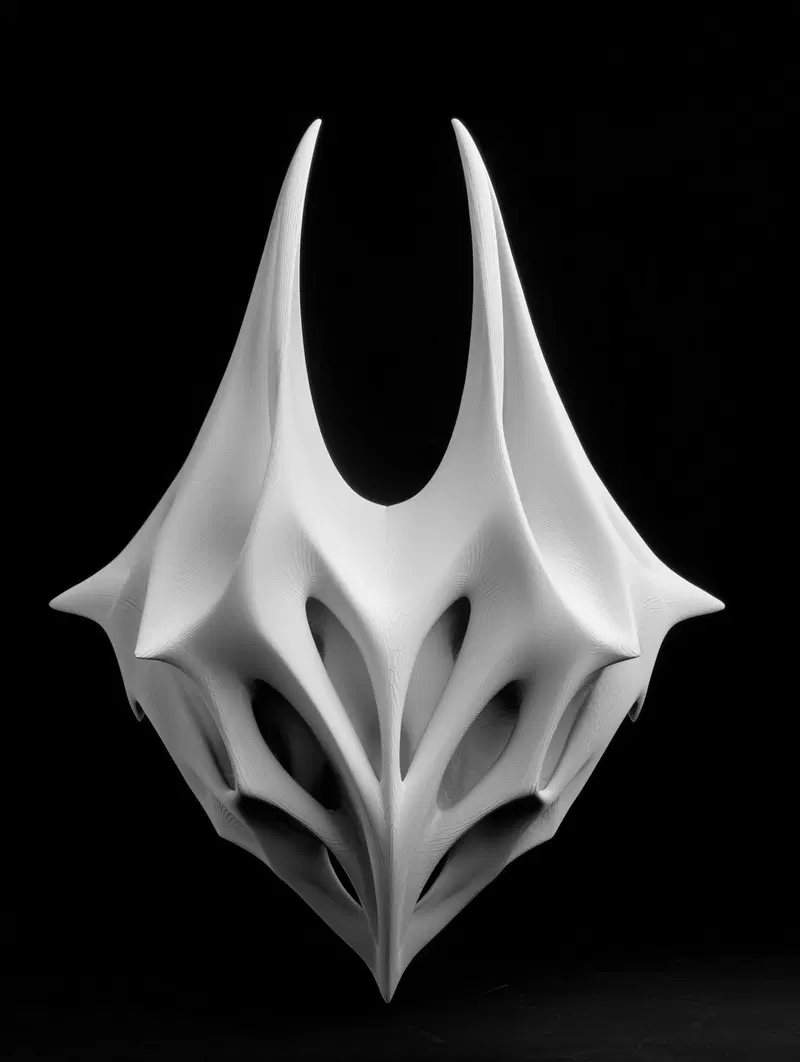 Intricate abstract white sculpture on black background with smooth flowing shapes