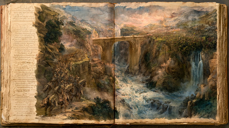 Open book with a detailed old world style painting depicting a battle scene on cliffs, a stone bridge over a rushing river, mountainous landscape, and handwritten text on the left page