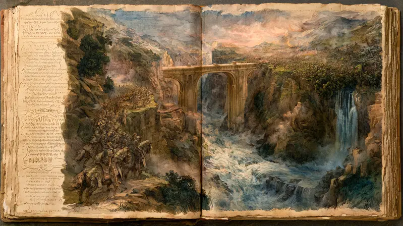 Detailed Old World Art Illustration of a Battle Scene and Stone Bridge over a River