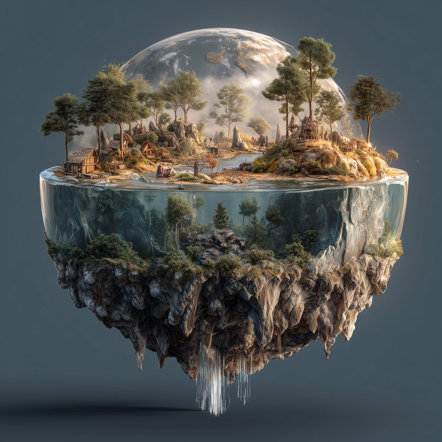 A detailed surreal floating island featuring rocky formations, water with underwater trees, small wooden houses, and tall trees under a glass dome, with a waterfall cascading down.