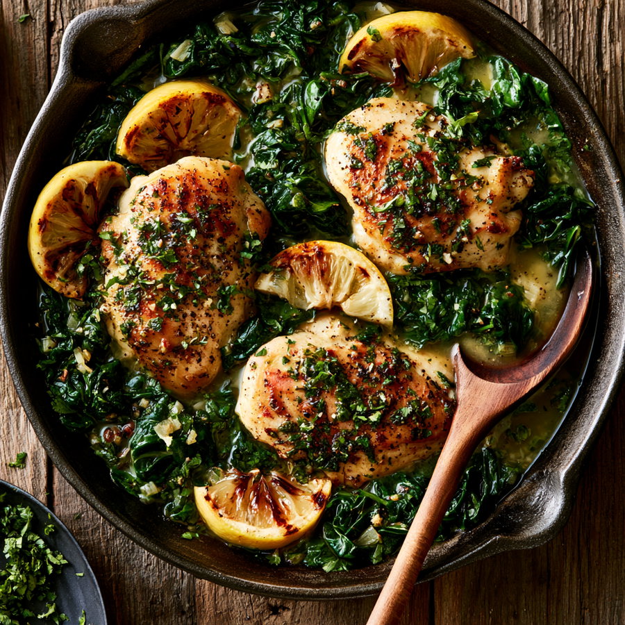 Skillet with three grilled chicken thighs seasoned with herbs, surrounded by cooked leafy greens and lemon wedges, with a wooden spoon resting inside the skillet on a rustic wooden surface.