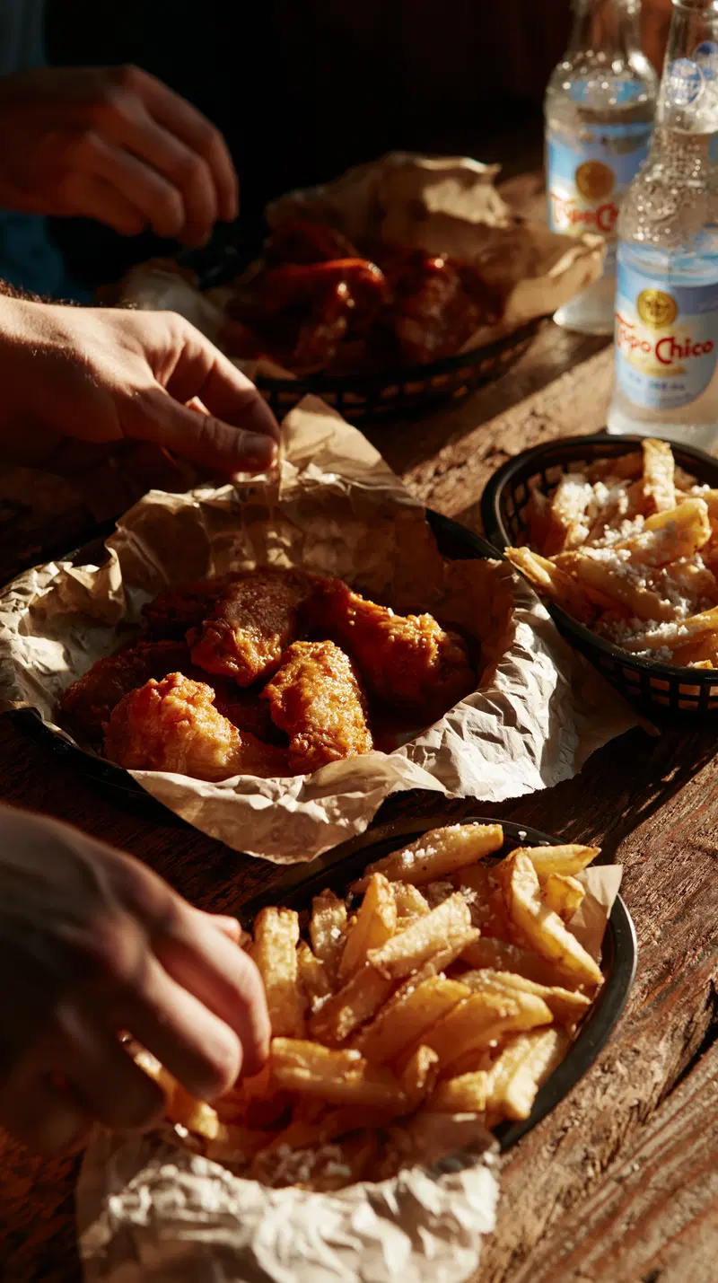 Still life photo of hands reaching for fried chicken and fries on rustic table