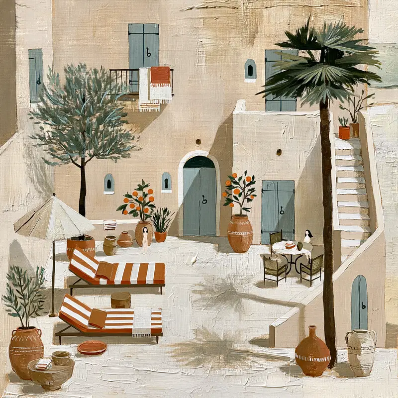 Warm tone wall art depicting a serene Mediterranean courtyard with plants and outdoor furniture