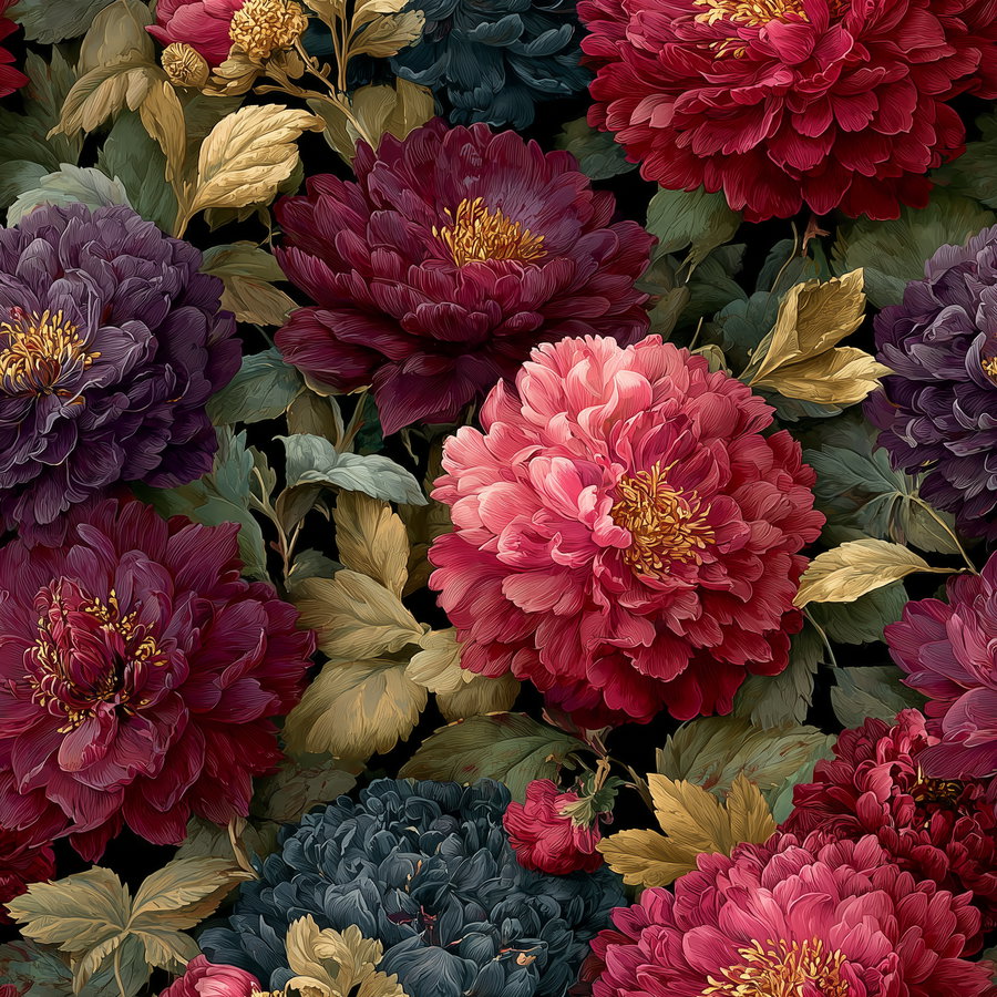 Detailed digital painting of large peony flowers in shades of maroon, pink, purple, and blue set against dark background with green and golden leaves