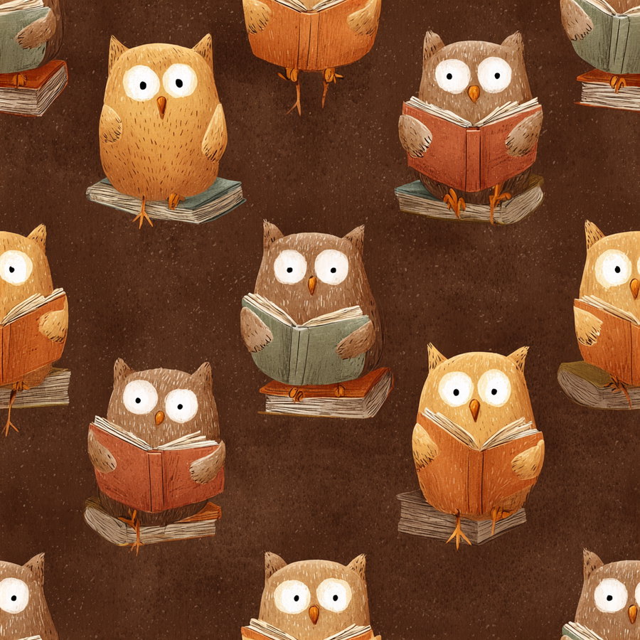 Seamless pattern of illustrated owls in beige and brown colors holding and sitting on books against a dark brown textured background