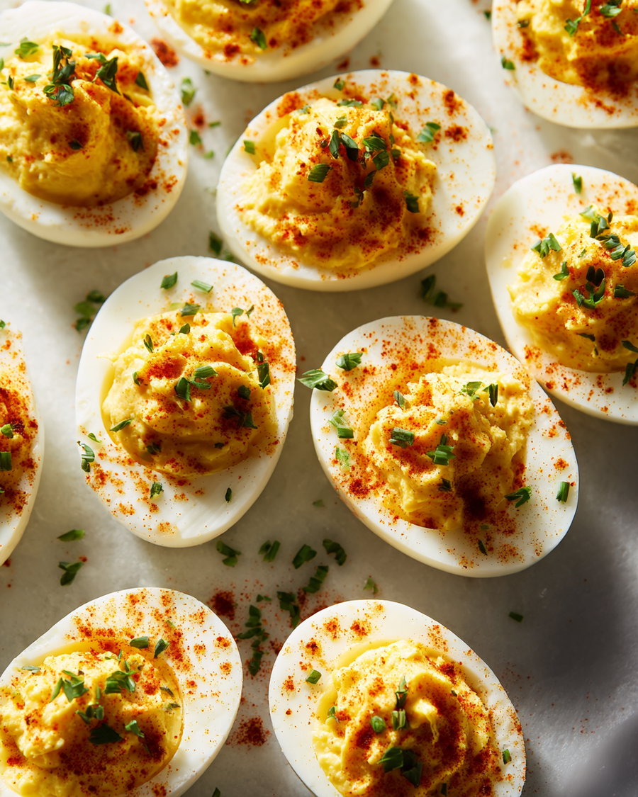 Several halved deviled eggs with yellow filling, sprinkled with red paprika and chopped green herbs on a white surface