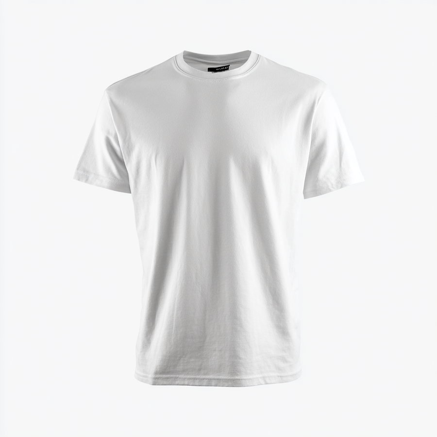 A plain white, short-sleeve t-shirt is shown facing forward on a white background