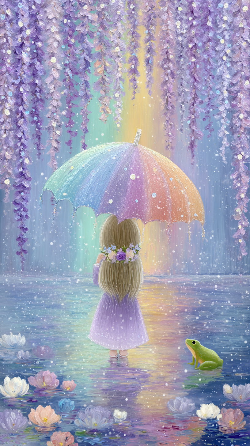 A girl in a purple dress and flower crown holds a rainbow umbrella, standing barefoot in water with pastel-colored flowers and a green frog nearby, under cascading purple blossoms with a misty, sparkling atmosphere