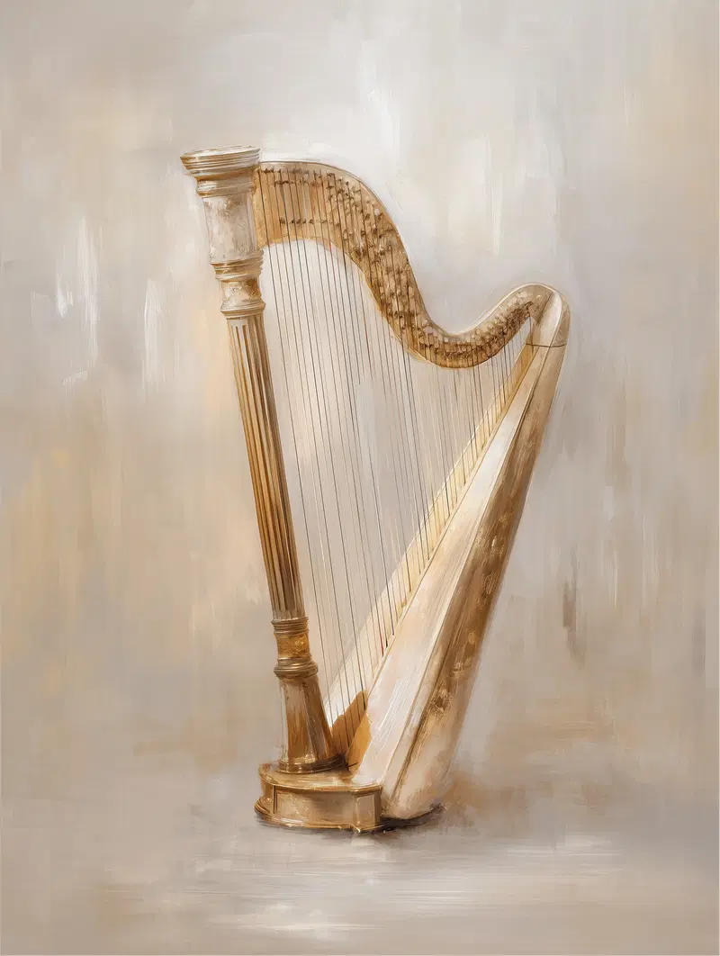 Elegant fine art painting of a classical harp in warm tones