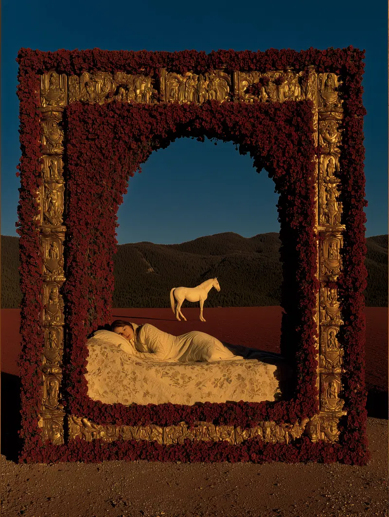 Dreamlike Romantic Wall Art Featuring a Woman Resting and a White Horse in Nature