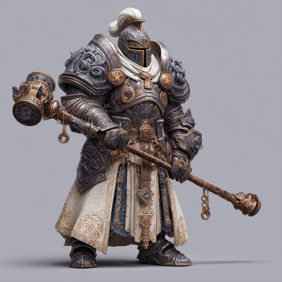 A detailed figure of a knight wearing ornate dark metallic armor with gold accents, a cream-colored decorated cloth skirt, and holding a large golden hammer, standing against a plain gray background.