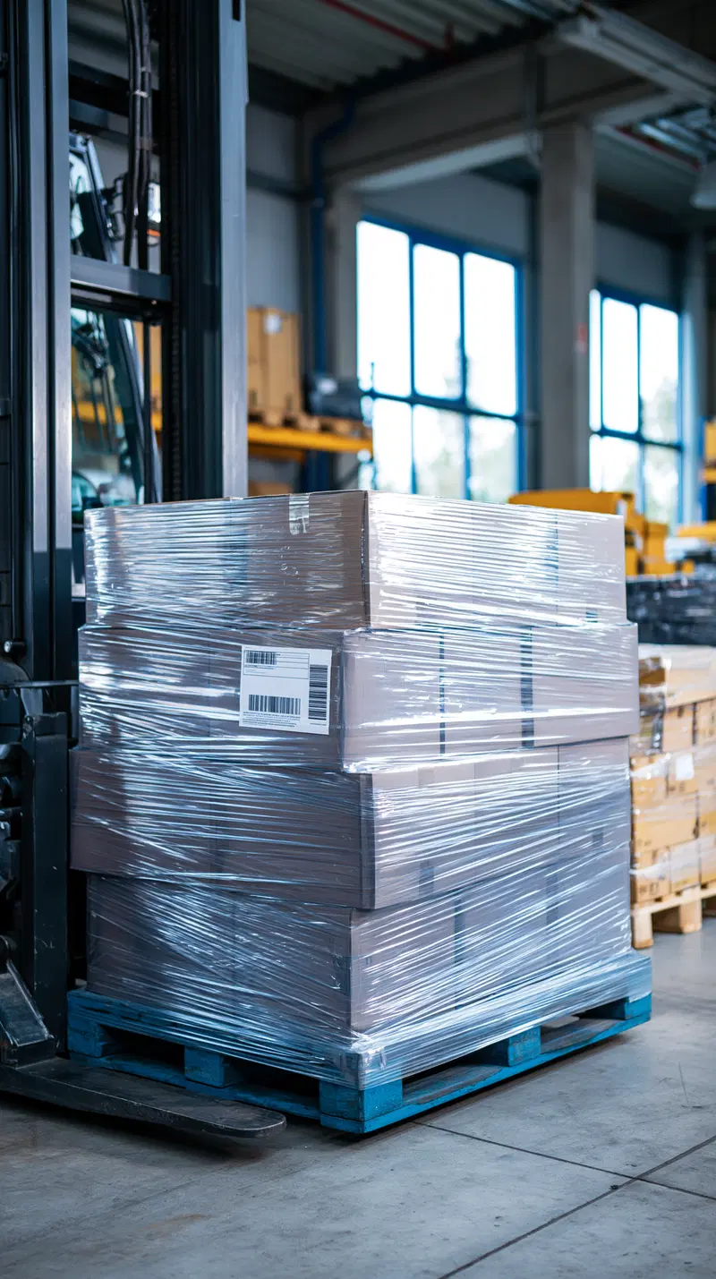 Warehouse logistic pallet with wrapped boxes on a blue pallet