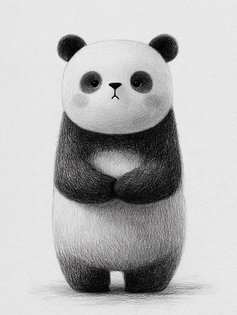 A detailed pencil drawing of a cute panda standing upright with a slightly sad expression on a plain white background