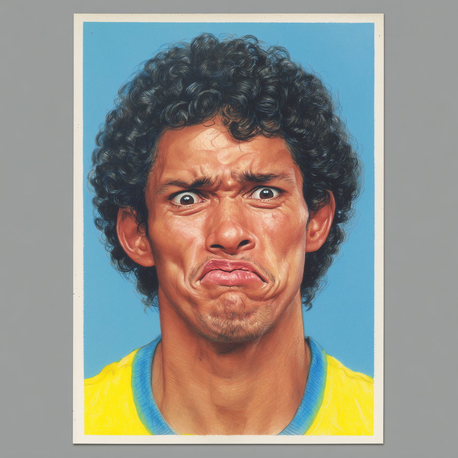 Close-up hyper-realistic portrait of a man with curly hair and intense facial expression on blue background