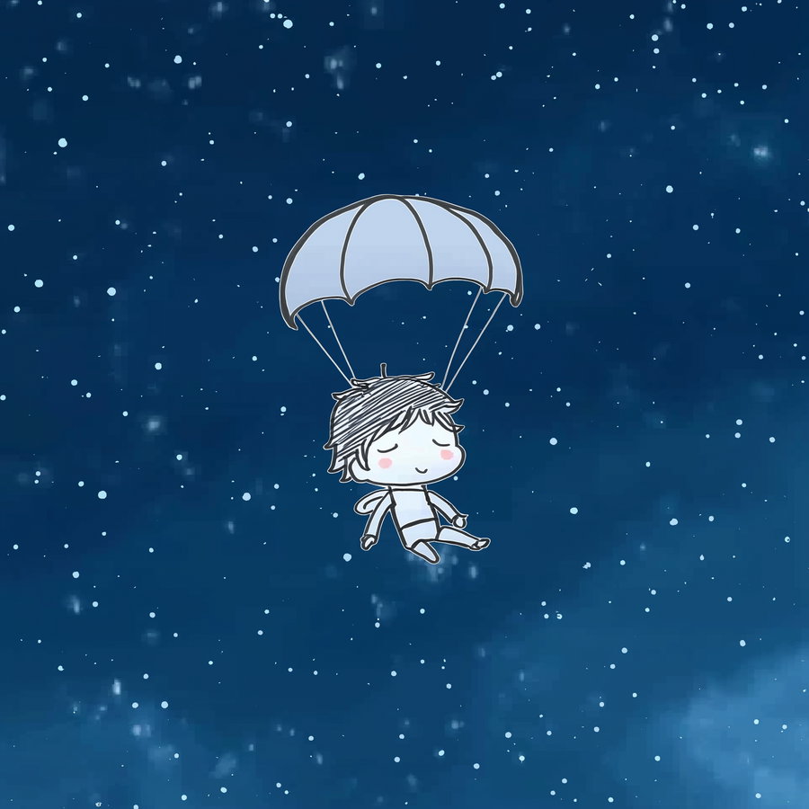 Illustration of a small, relaxed cartoon figure with closed eyes and pink cheeks, descending with a light blue parachute against a dark blue star-filled sky