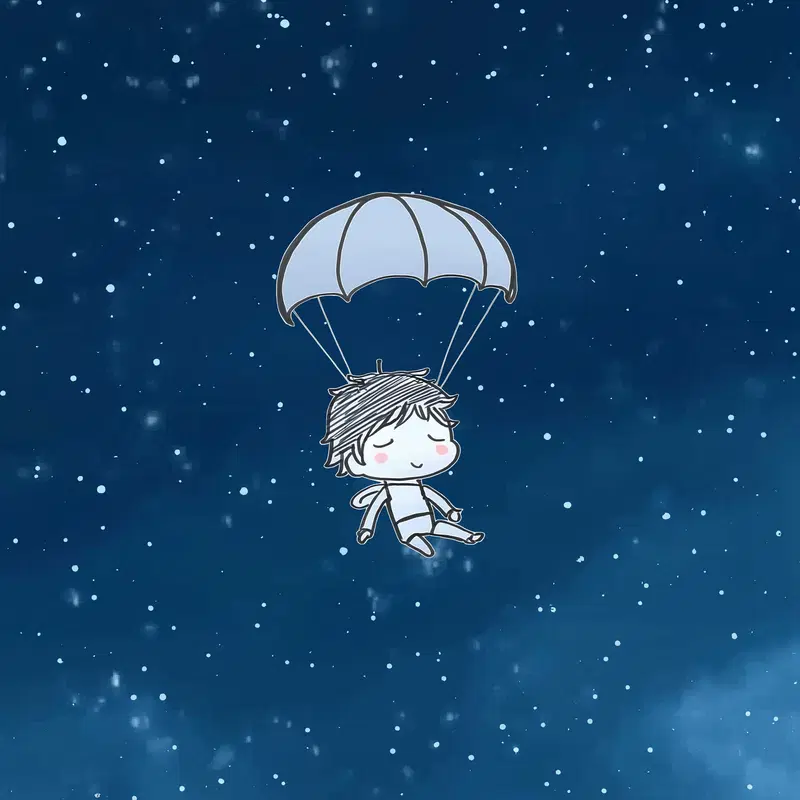 Whimsical dreamy art of a serene character floating with a parachute in a starry night sky