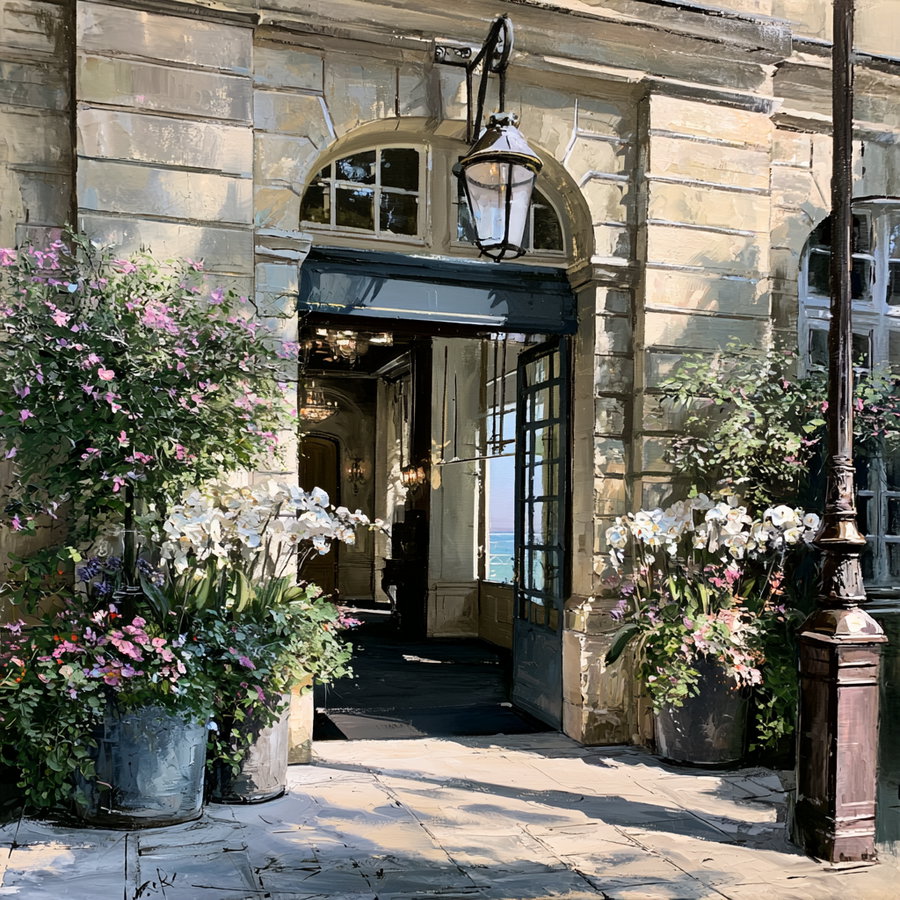 painting of a classic European building entrance with an open door, large flower pots with white and pink flowers, stone pavement, and a vintage street lamp casting shadows
