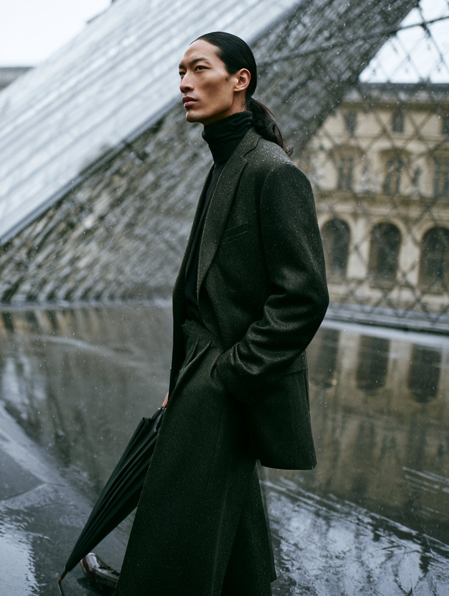 A man with long black hair tied back wearing a dark turtleneck and tailored coat, holding a black umbrella while standing on a wet surface near a glass pyramid structure with a historic building in the background